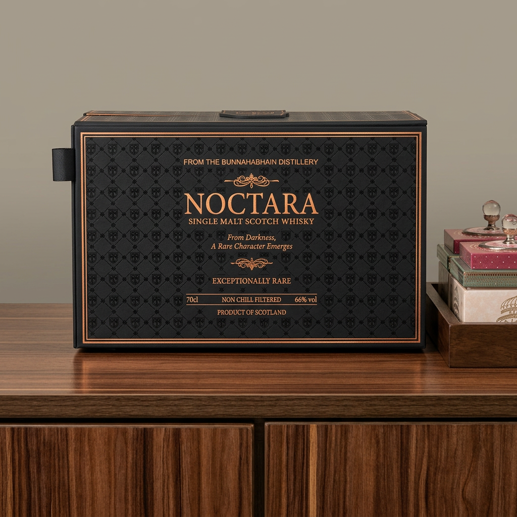 The real closed Noctara presentation box with copper detailing and raised SRN crest