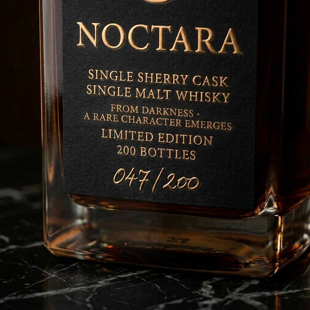 Lower portion of a Noctara bottle showing the matte black gold-foil label with the hand-inked edition number 047 of 200
